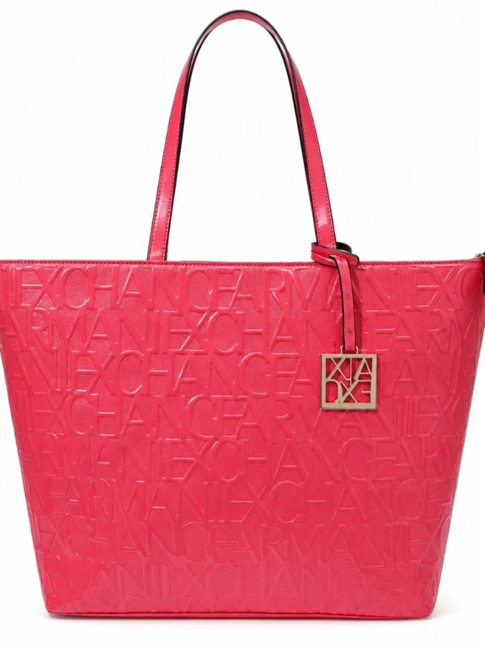 Armani Exchange Pink Embossed Logo Patent Leather Tote Bag Zip Top A|X